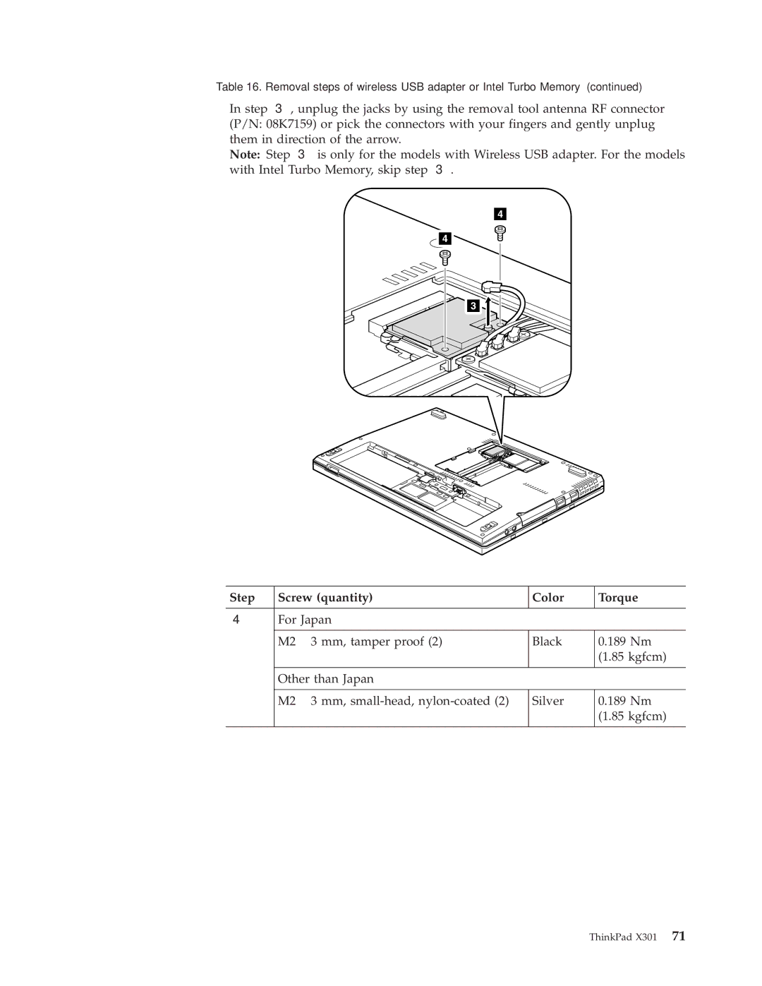 Lenovo 27763DU, 27763PU, 27763CU manual Step Screw quantity Color Torque 