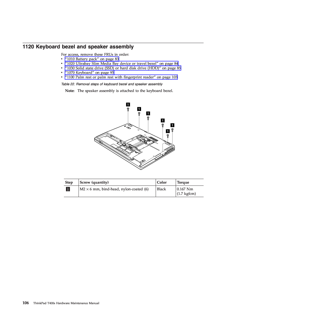 Lenovo 28155YU, 28155XU, 2808DKU manual Keyboard bezel and speaker assembly, Step, Screw quantity, Color, Torque 