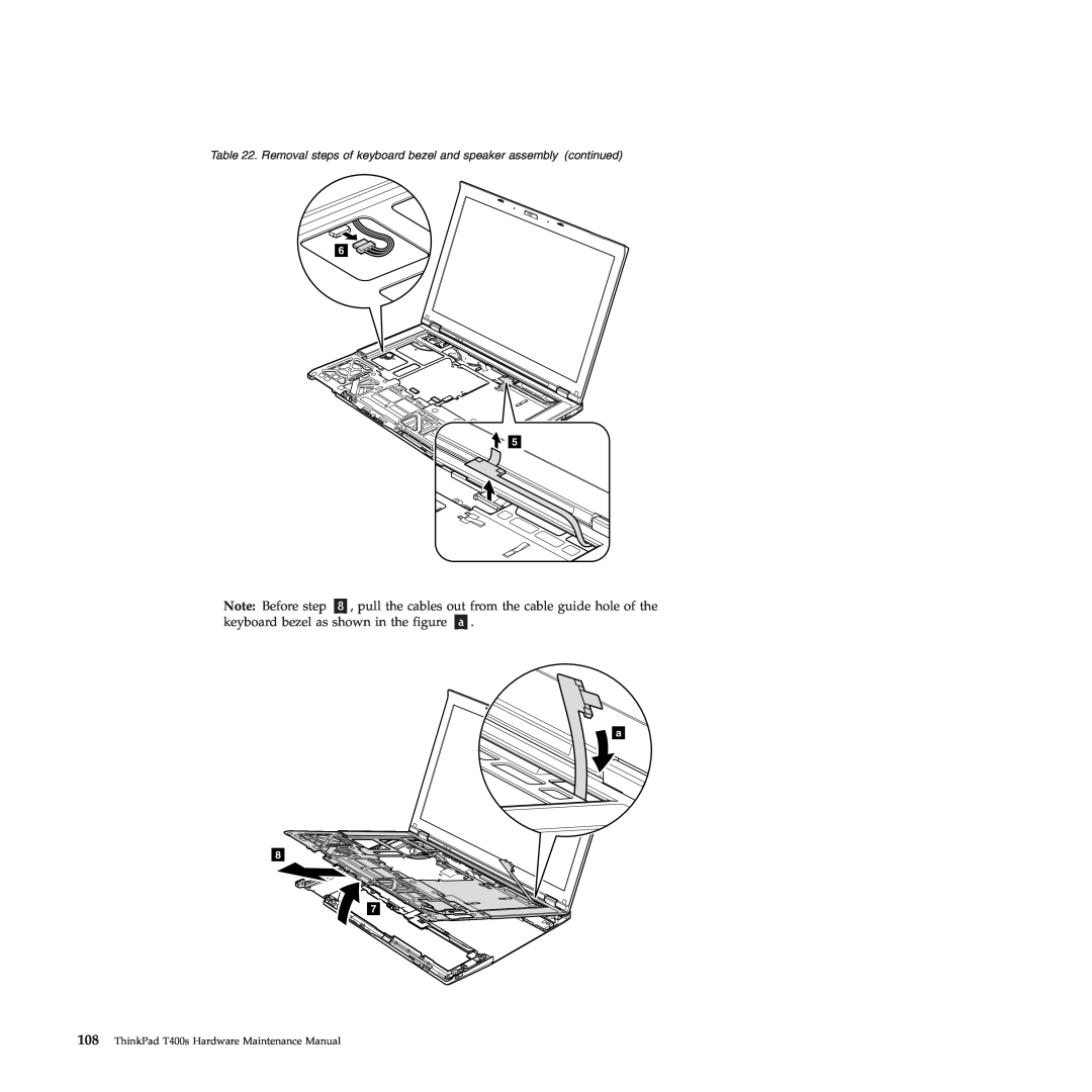 Lenovo 2808DKU Note: Before step, keyboard bezel as shown in the figure, 108ThinkPad T400s Hardware Maintenance Manual 
