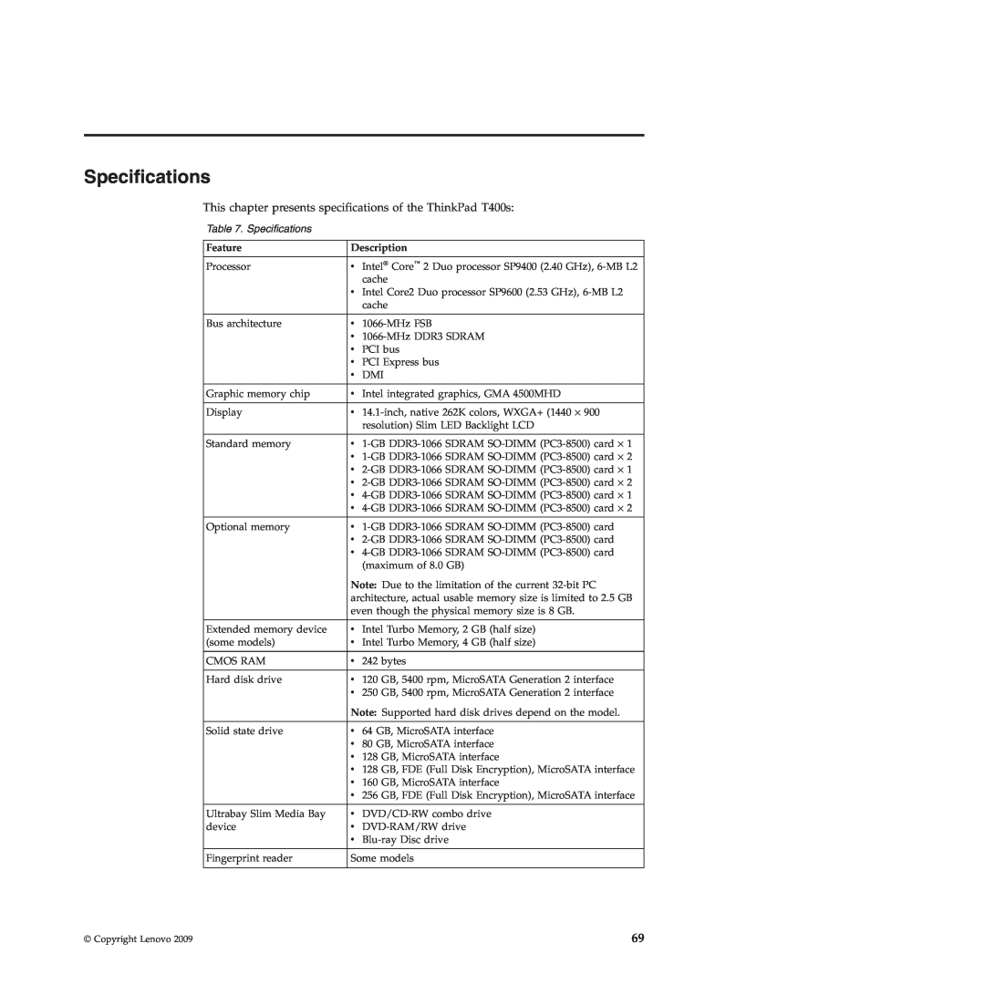 Lenovo 2808DKU, 28155YU, 28155XU manual Specifications, Feature, Description 