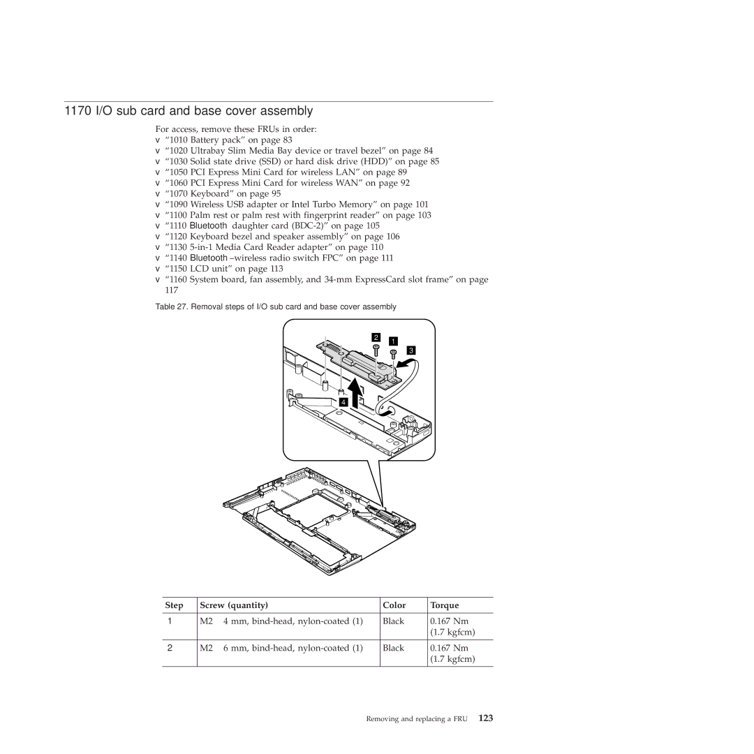 Lenovo 2808DKU, 28155YU, 28155XU manual 1170 I/O sub card and base cover assembly 