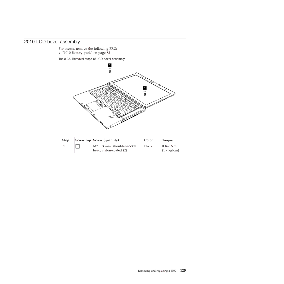 Lenovo 28155XU, 28155YU, 2808DKU manual LCD bezel assembly, Step Screw cap Screw quantity Color Torque 