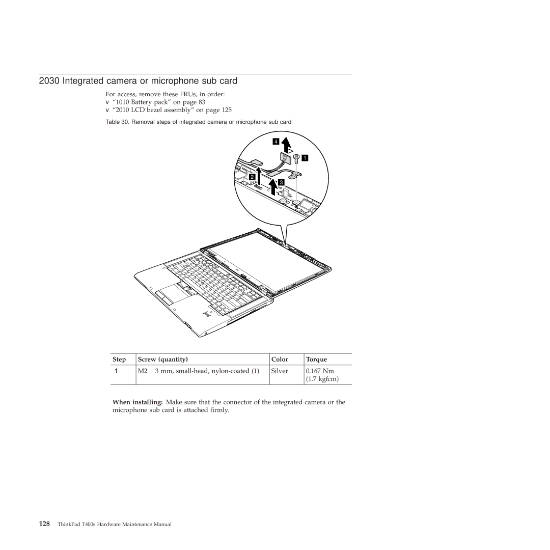 Lenovo 28155XU, 28155YU, 2808DKU manual Integrated camera or microphone sub card, Step Screw quantity Color Torque 