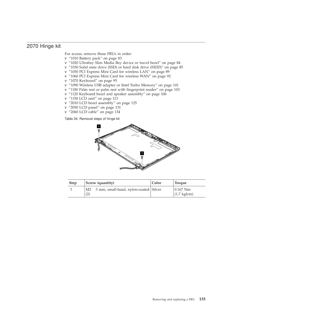 Lenovo 2808DKU, 28155YU, 28155XU manual Hinge kit, Step Screw quantity Color Torque 