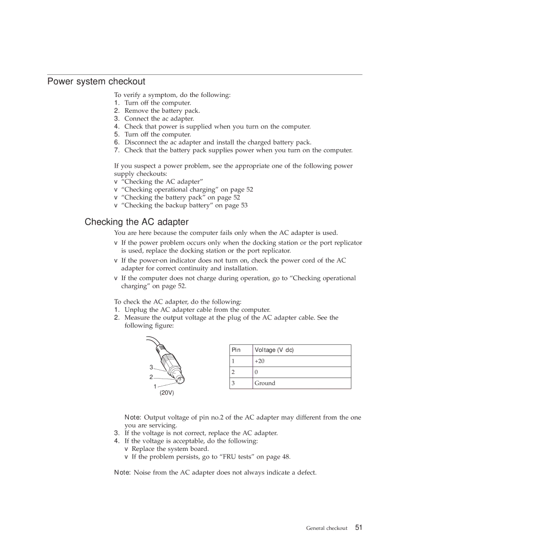 Lenovo 2808DKU, 28155YU, 28155XU manual Power system checkout, Checking the AC adapter, Pin Voltage V dc 