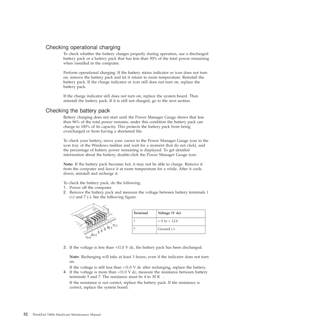 Lenovo 28155YU, 28155XU, 2808DKU manual Checking operational charging, Checking the battery pack, Terminal Voltage V dc 