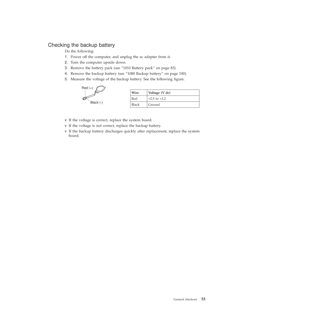 Lenovo 28155XU, 28155YU, 2808DKU manual Checking the backup battery, Wire Voltage V dc 