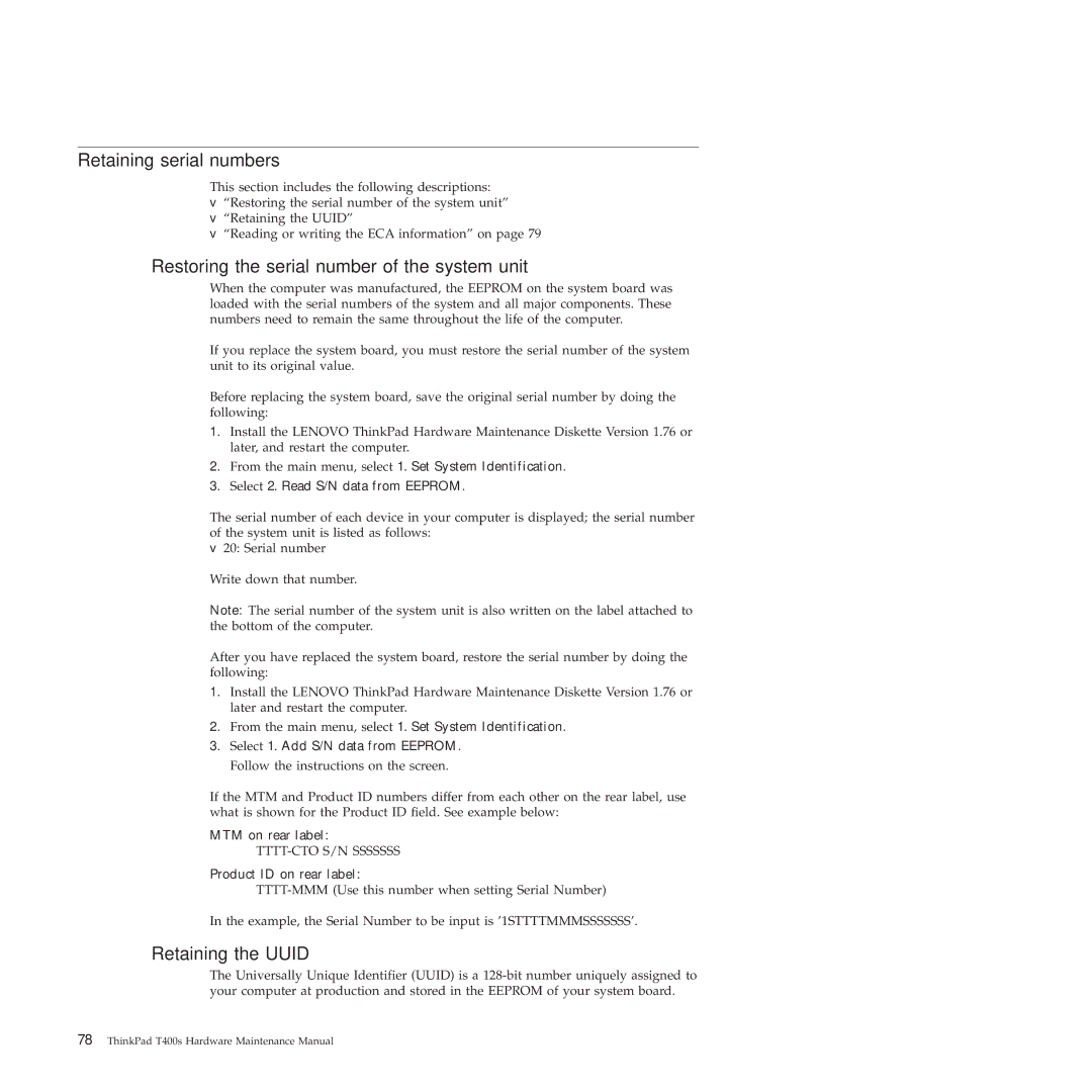 Lenovo 2808DKU, 28155YU manual Retaining serial numbers, Restoring the serial number of the system unit, Retaining the Uuid 