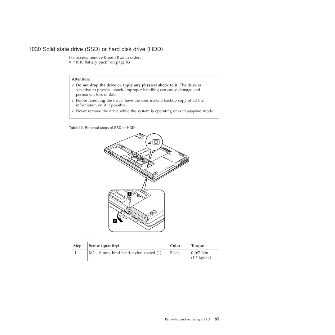 Lenovo 28155YU, 28155XU, 2808DKU manual Solid state drive SSD or hard disk drive HDD, Step Screw quantity Color Torque 