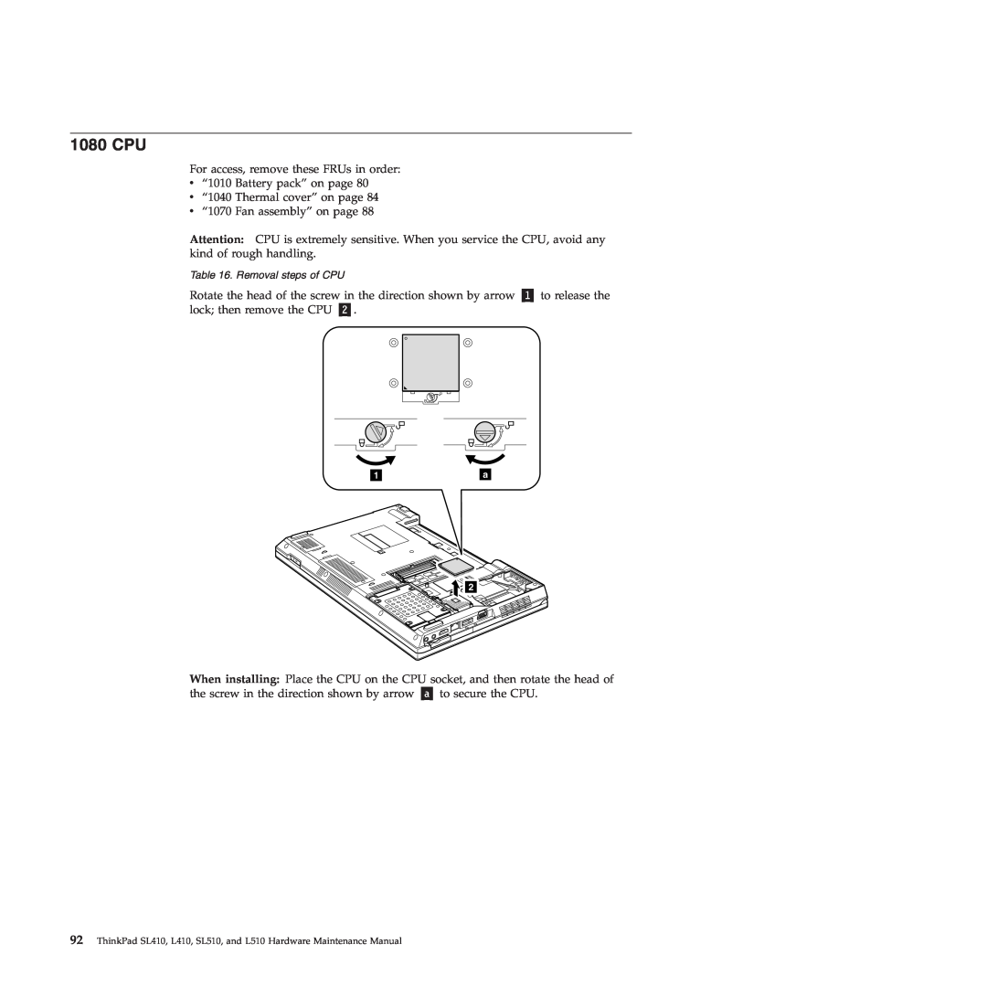 Lenovo SL410, 28472JU, SL510, 28472PU, 28472QU manual 1080 CPU, Removal steps of CPU 
