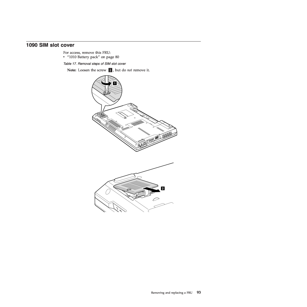 Lenovo SL510, 28472JU, SL410, 28472PU, 28472QU manual Removal steps of SIM slot cover, Removing and replacing a FRU 