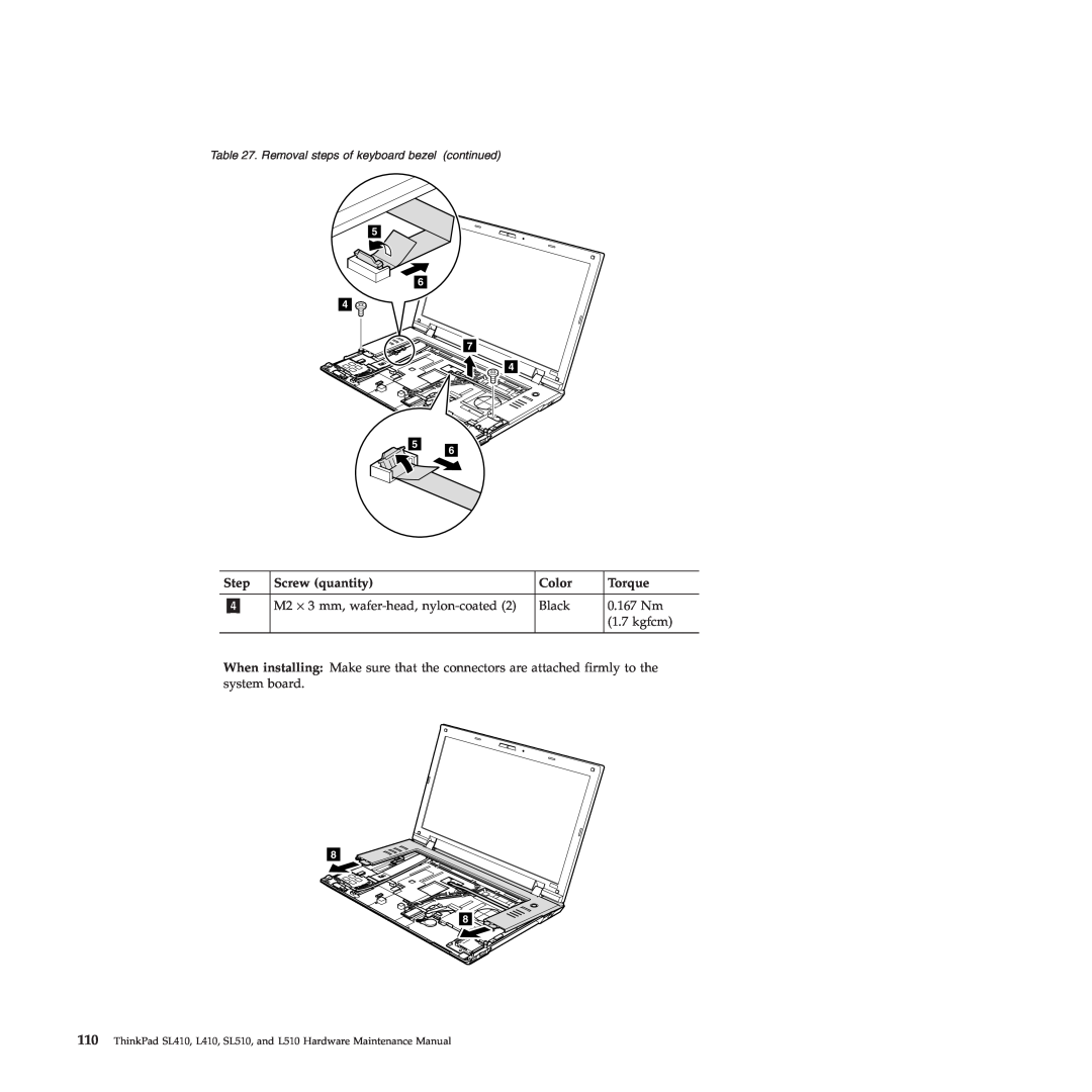 Lenovo 28472QU, 28472JU, SL410, SL510 manual Step, Screw quantity, Color, Torque, Removal steps of keyboard bezel continued 