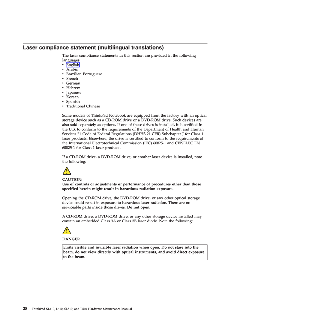 Lenovo 28472JU, SL410, SL510, 28472PU, 28472QU manual Laser compliance statement multilingual translations, Danger 