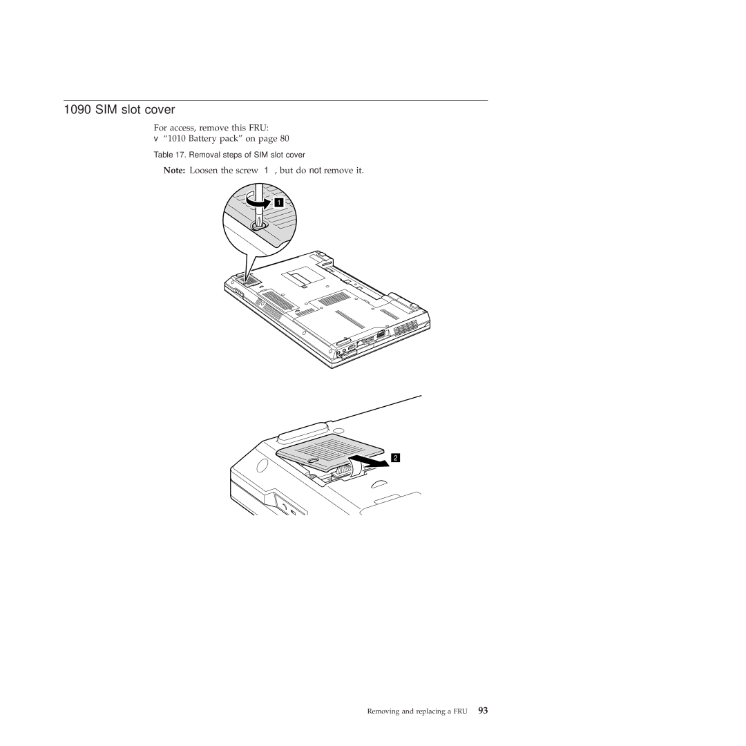 Lenovo SL510, 28472JU, SL410, 28472PU, 28472QU manual SIM slot cover 