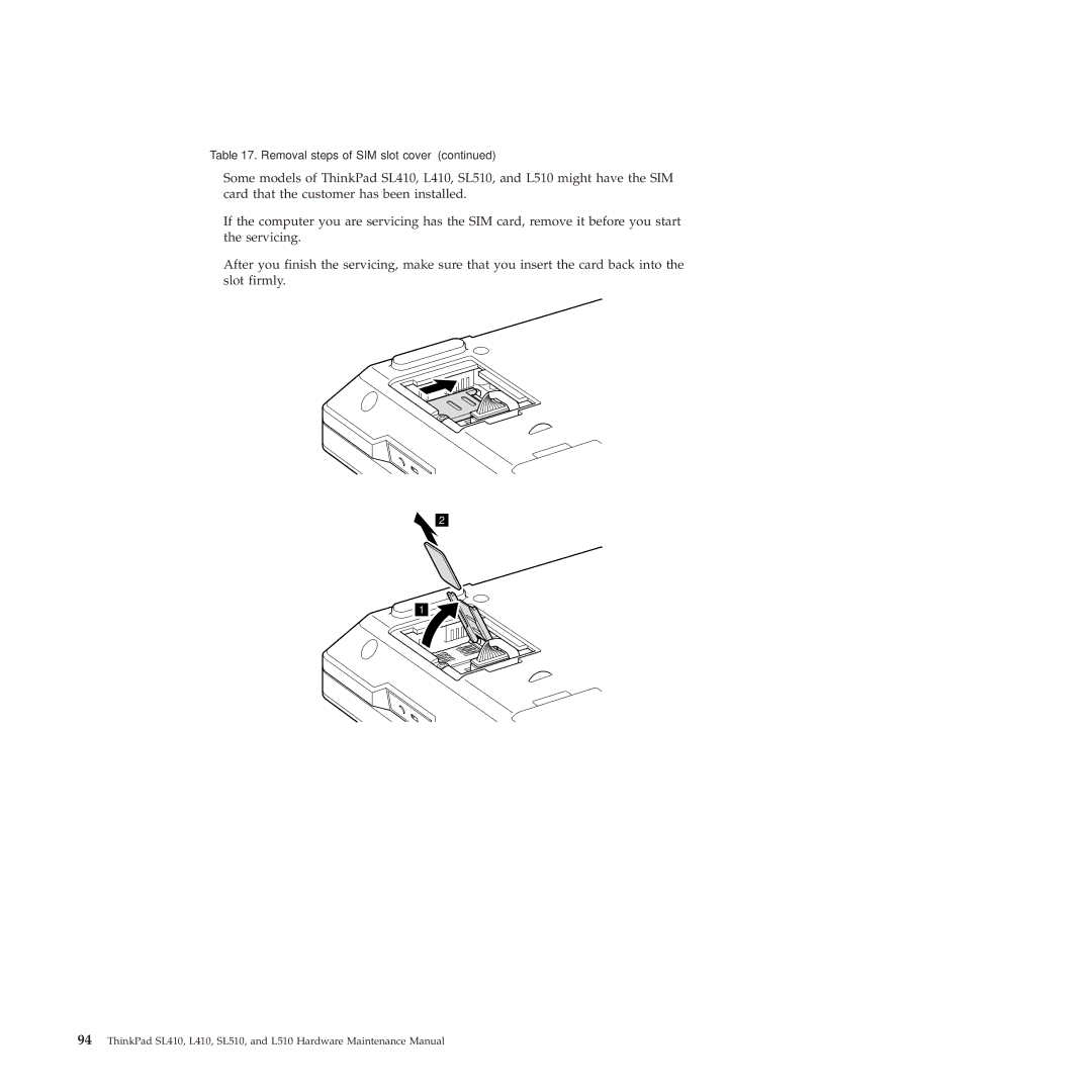 Lenovo 28472JU, SL410, SL510, 28472PU, 28472QU manual Removal steps of SIM slot cover 