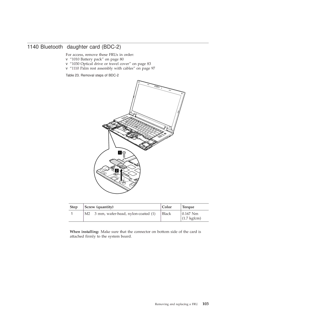 Lenovo 28472QU, 28472JU, SL410, SL510, 28472PU manual Bluetooth daughter card BDC-2, Step Screw quantity Color Torque 