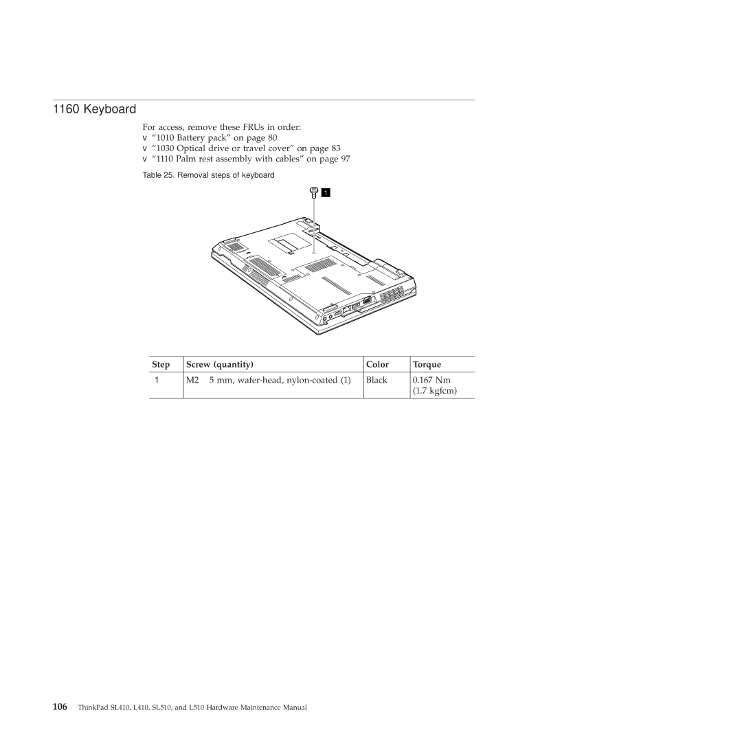 Lenovo SL410, 28472JU, SL510, 28472PU, 28472QU manual Keyboard, M2 ⋅ 5 mm, wafer-head, nylon-coated Black 167 Nm Kgfcm 