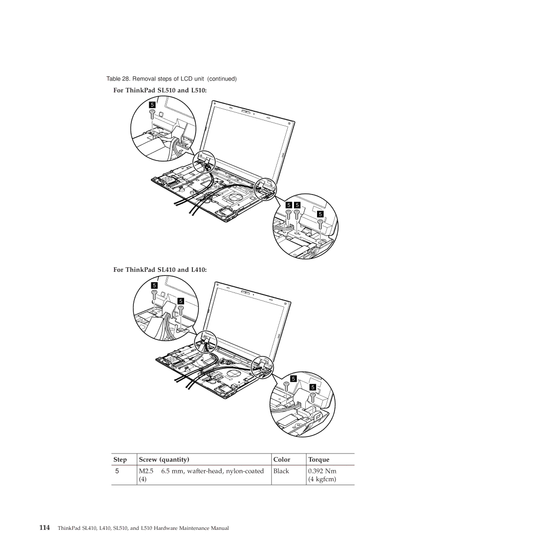 Lenovo SL510, 28472JU, SL410, 28472PU, 28472QU manual M2.5 ⋅ 6.5 mm, wafter-head, nylon-coated Black 392 Nm Kgfcm 