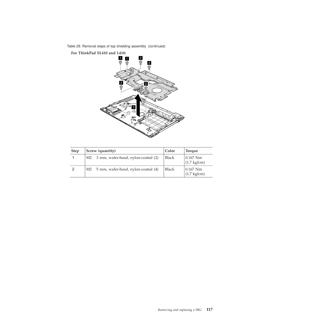 Lenovo 28472QU, 28472JU, SL510, 28472PU manual For ThinkPad SL410 and L410 Step Screw quantity Color Torque 