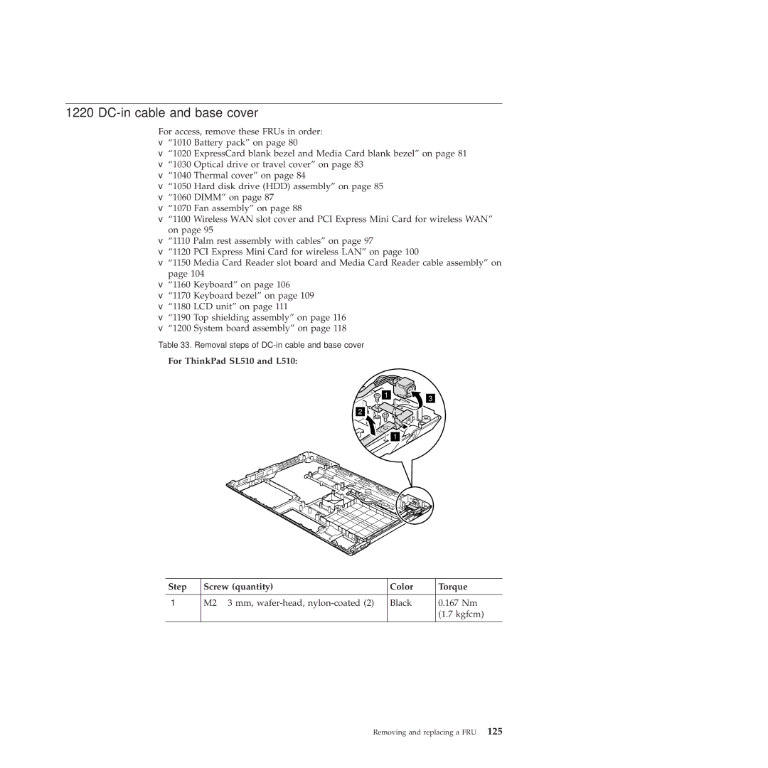 Lenovo 28472JU, SL410, 28472PU DC-in cable and base cover, For ThinkPad SL510 and L510 Step Screw quantity Color Torque 