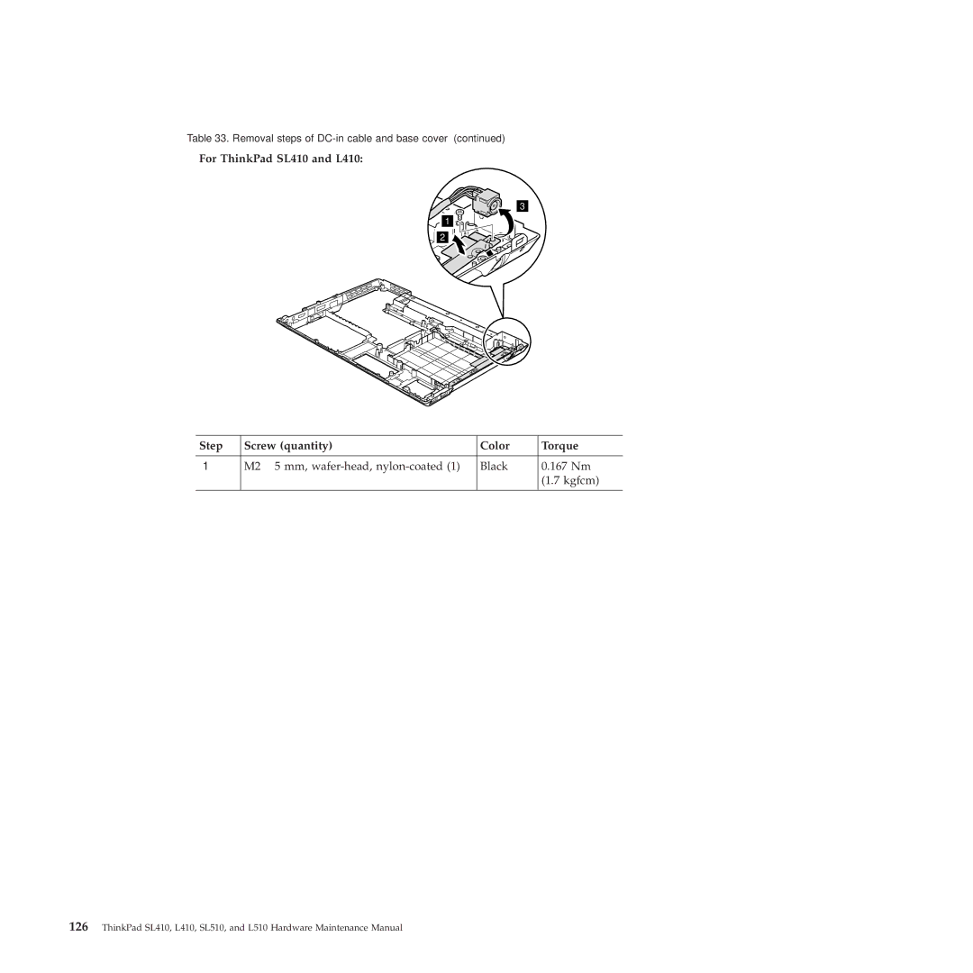 Lenovo 28472JU, SL510, 28472PU, 28472QU manual For ThinkPad SL410 and L410 Step Screw quantity Color Torque 