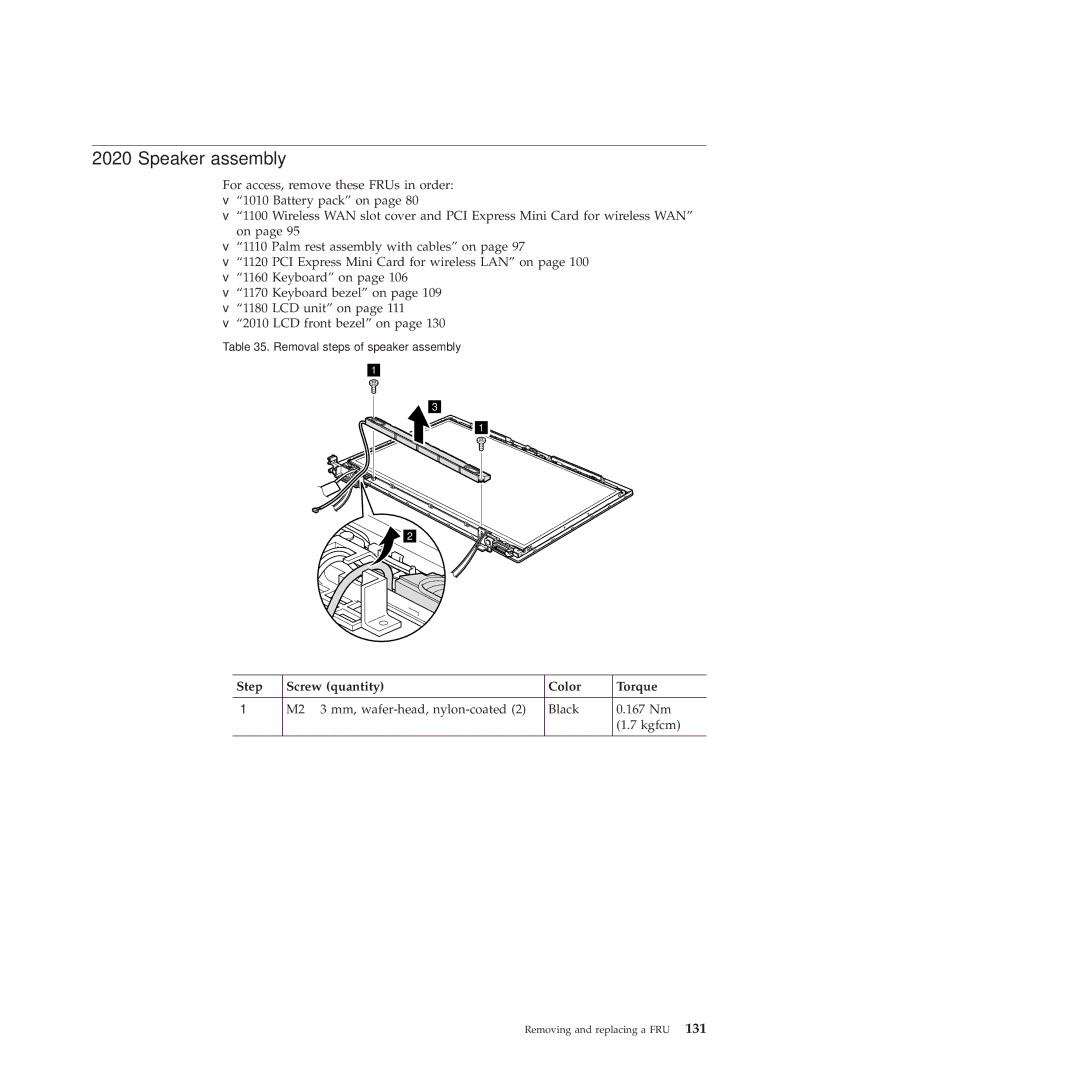 Lenovo 28472QU, 28472JU, SL410, SL510, 28472PU manual Speaker assembly, Step Screw quantity Color Torque 