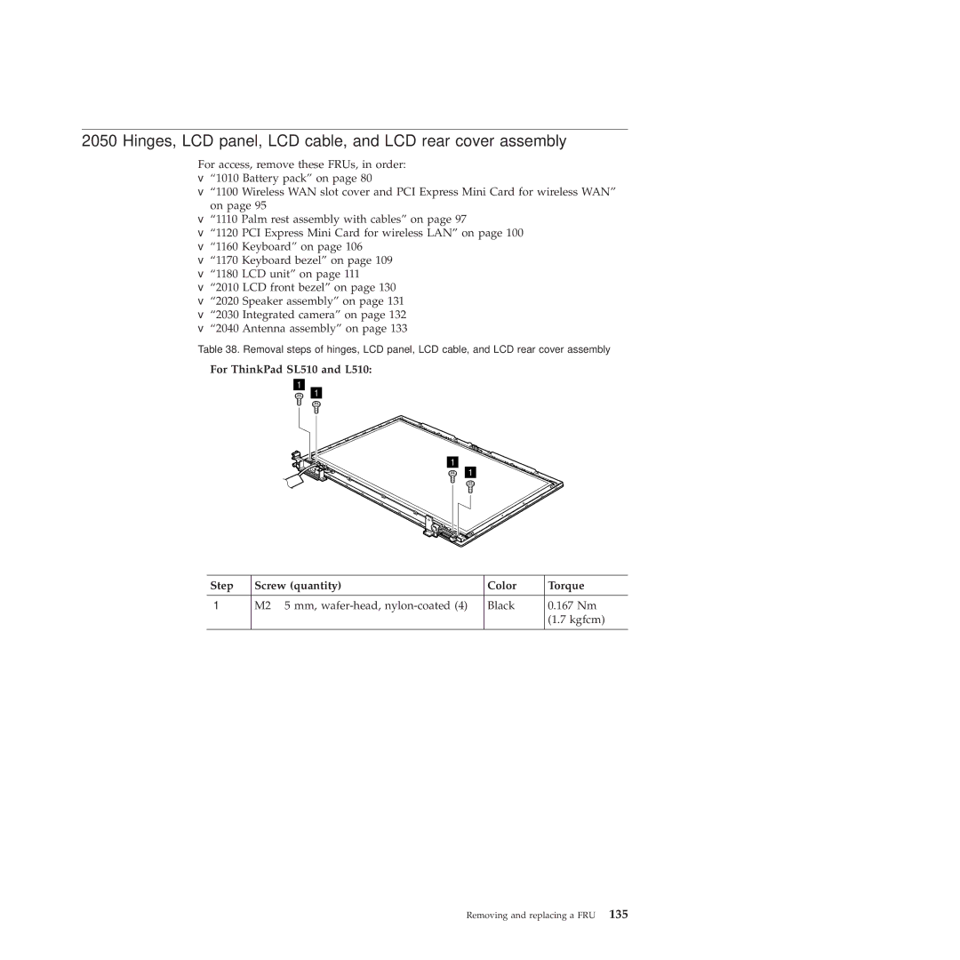 Lenovo SL510, 28472JU, SL410, 28472PU, 28472QU manual Hinges, LCD panel, LCD cable, and LCD rear cover assembly 