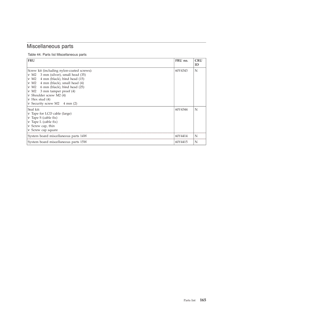 Lenovo 28472PU, 28472JU, SL410, SL510, 28472QU manual Miscellaneous parts 