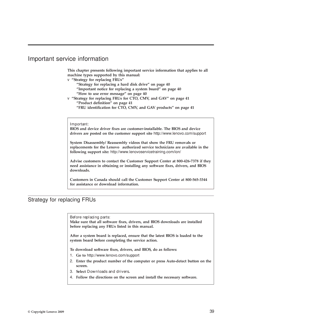 Lenovo 28472PU, 28472JU, SL410, SL510 Strategy for replacing FRUs, Before replacing parts, Select Downloads and drivers 