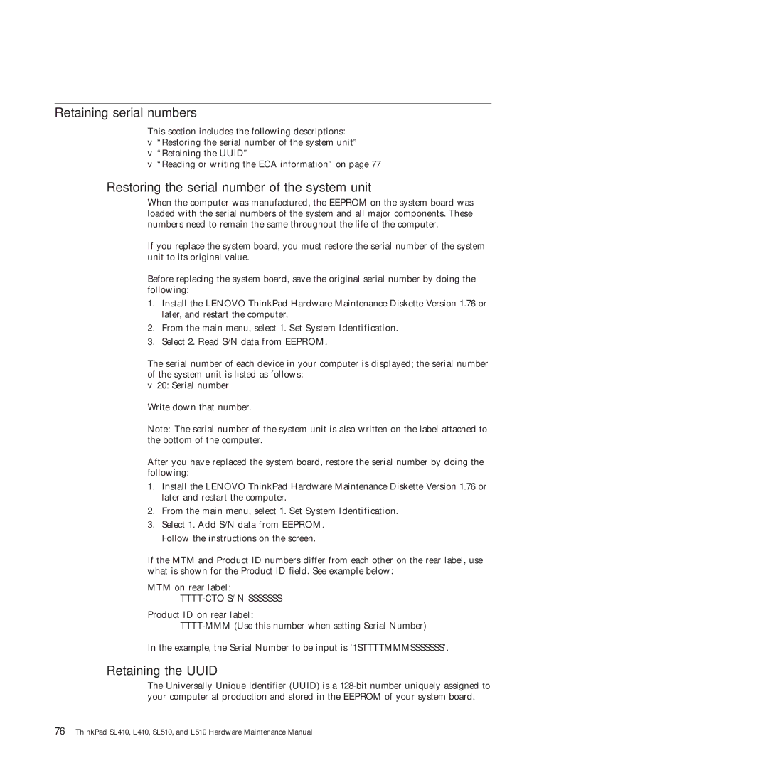 Lenovo 28472JU, L510, SL410 Retaining serial numbers, Restoring the serial number of the system unit, Retaining the Uuid 