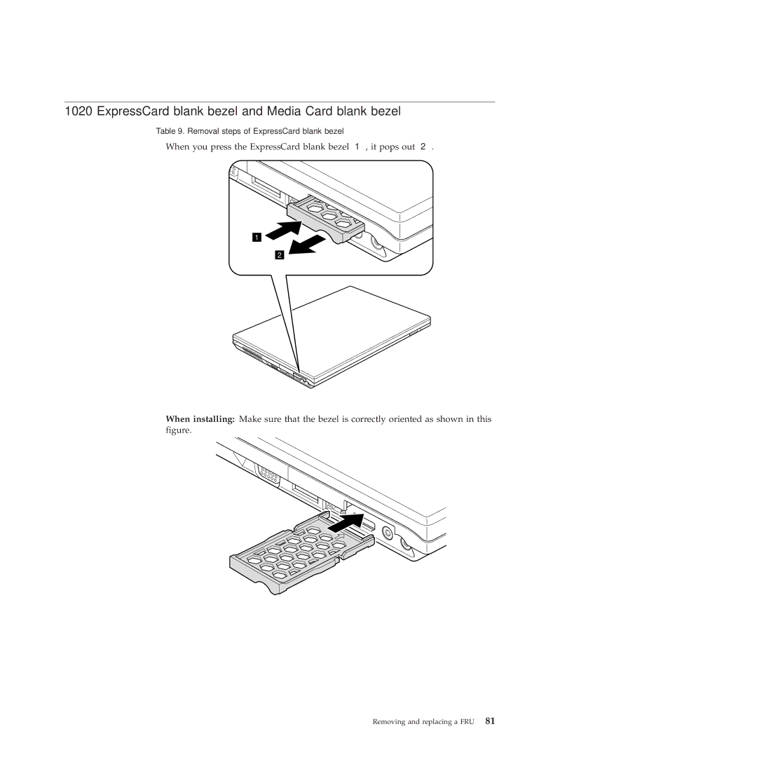 Lenovo 28472PU, 28472JU, SL410, SL510, 28472QU manual ExpressCard blank bezel and Media Card blank bezel 