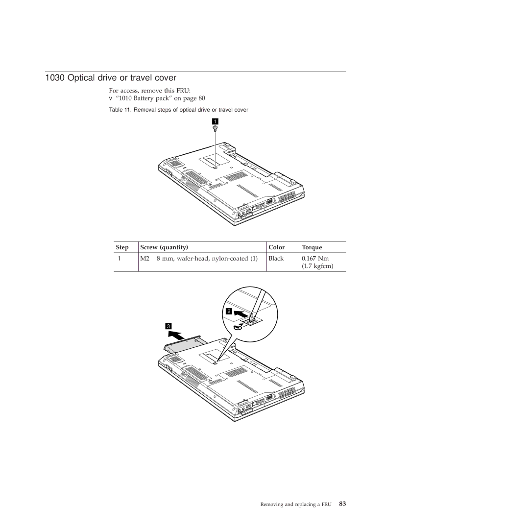 Lenovo 28472JU, SL410, SL510, 28472PU, 28472QU manual Optical drive or travel cover, Step Screw quantity Color Torque 