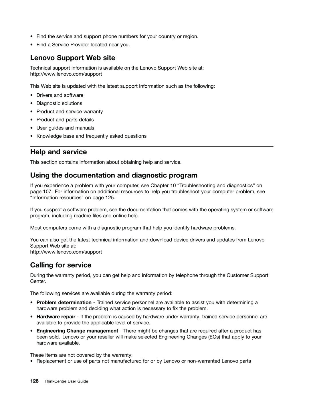 Lenovo 2800 Lenovo Support Web site, Help and service, Using the documentation and diagnostic program, Calling for service 