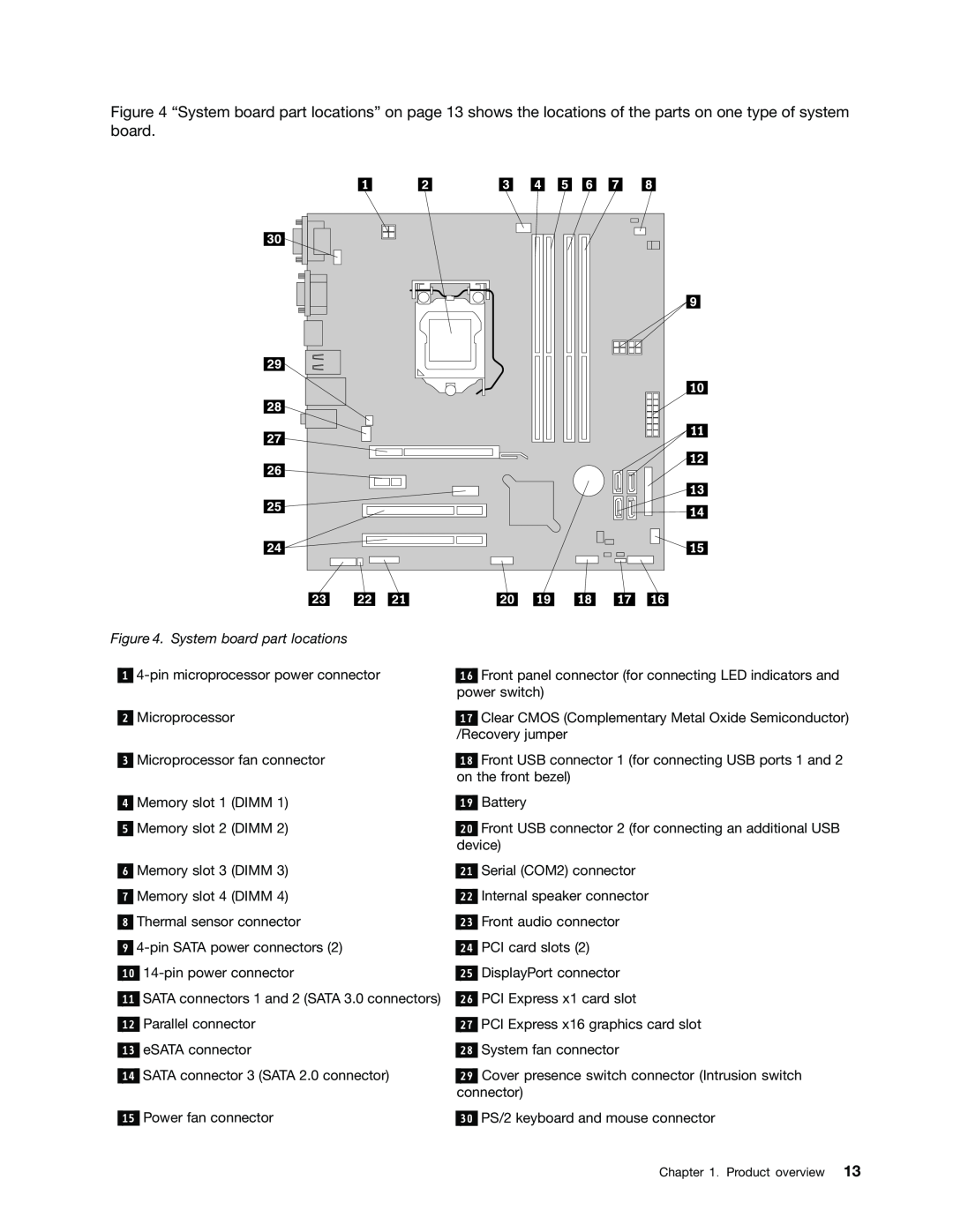 Lenovo 2934, 2988, 2992E5U, 2982, 2993 System board part locations, 1 4-pin microprocessor power connector 2 Microprocessor 