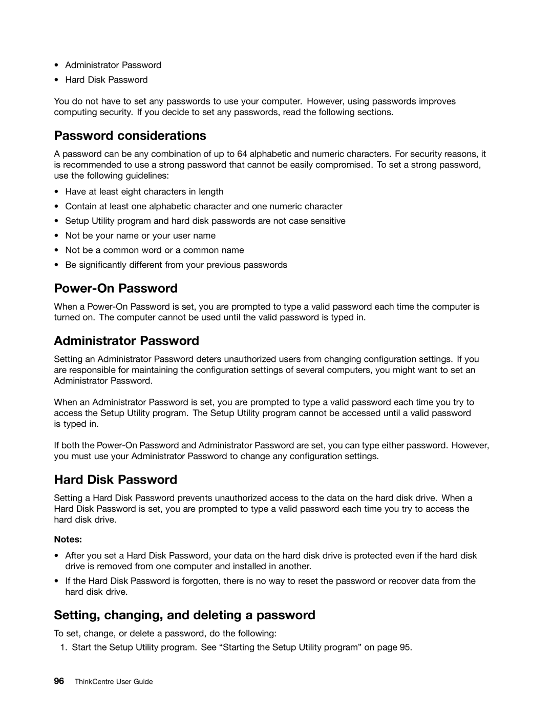 Lenovo 2945, 2988, 2992E5U, 2982, 2993 Password considerations, Power-On Password, Administrator Password, Hard Disk Password 