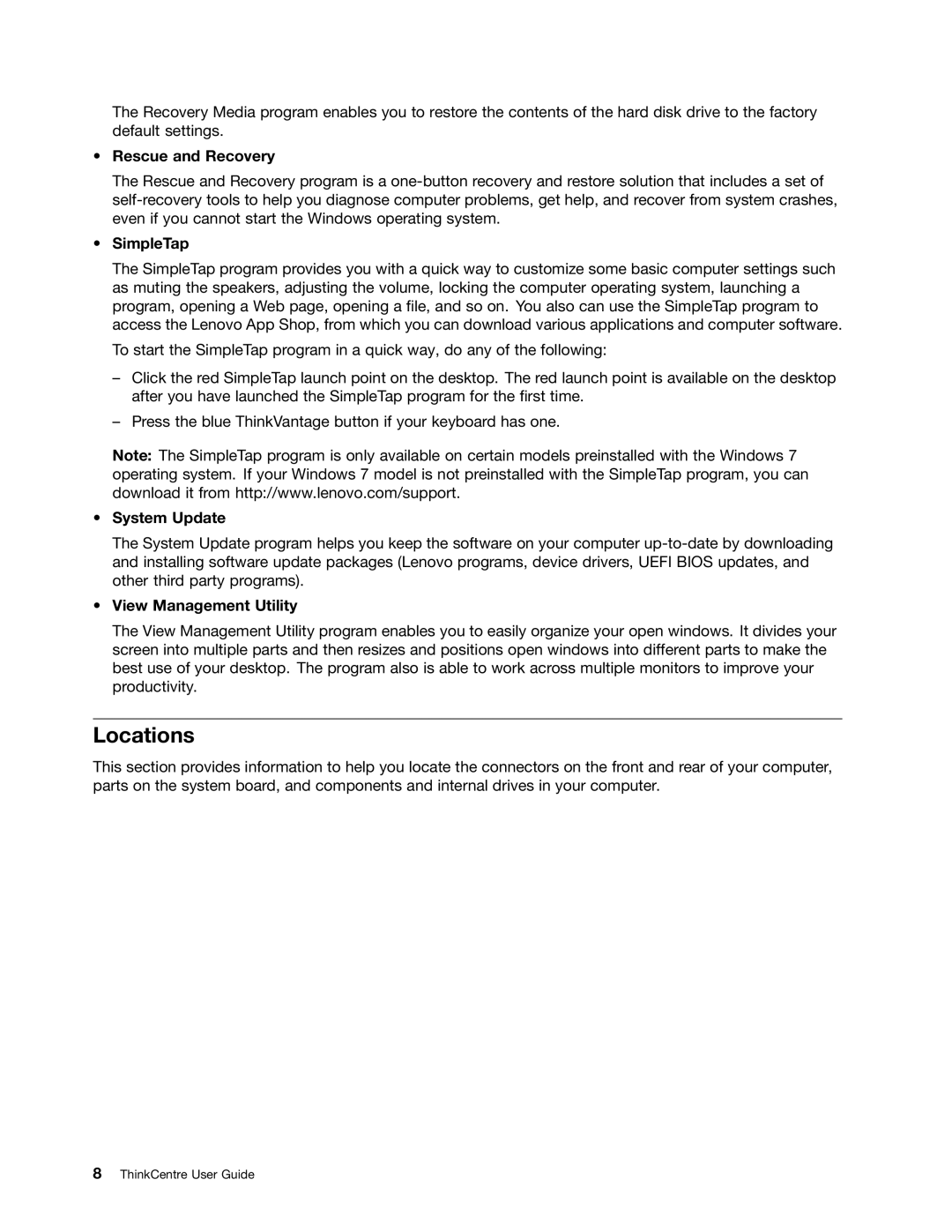 Lenovo 2961, 2988, 2992E5U, 2982, 2993, 2996 Locations, Rescue and Recovery, SimpleTap, System Update, View Management Utility 