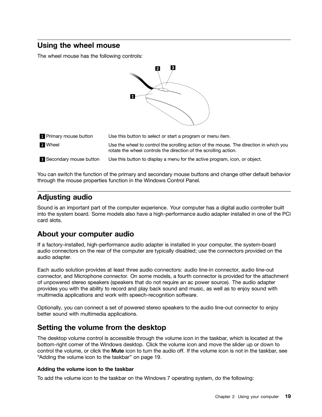 Lenovo 2993, 2988 Using the wheel mouse, Adjusting audio, About your computer audio, Setting the volume from the desktop 