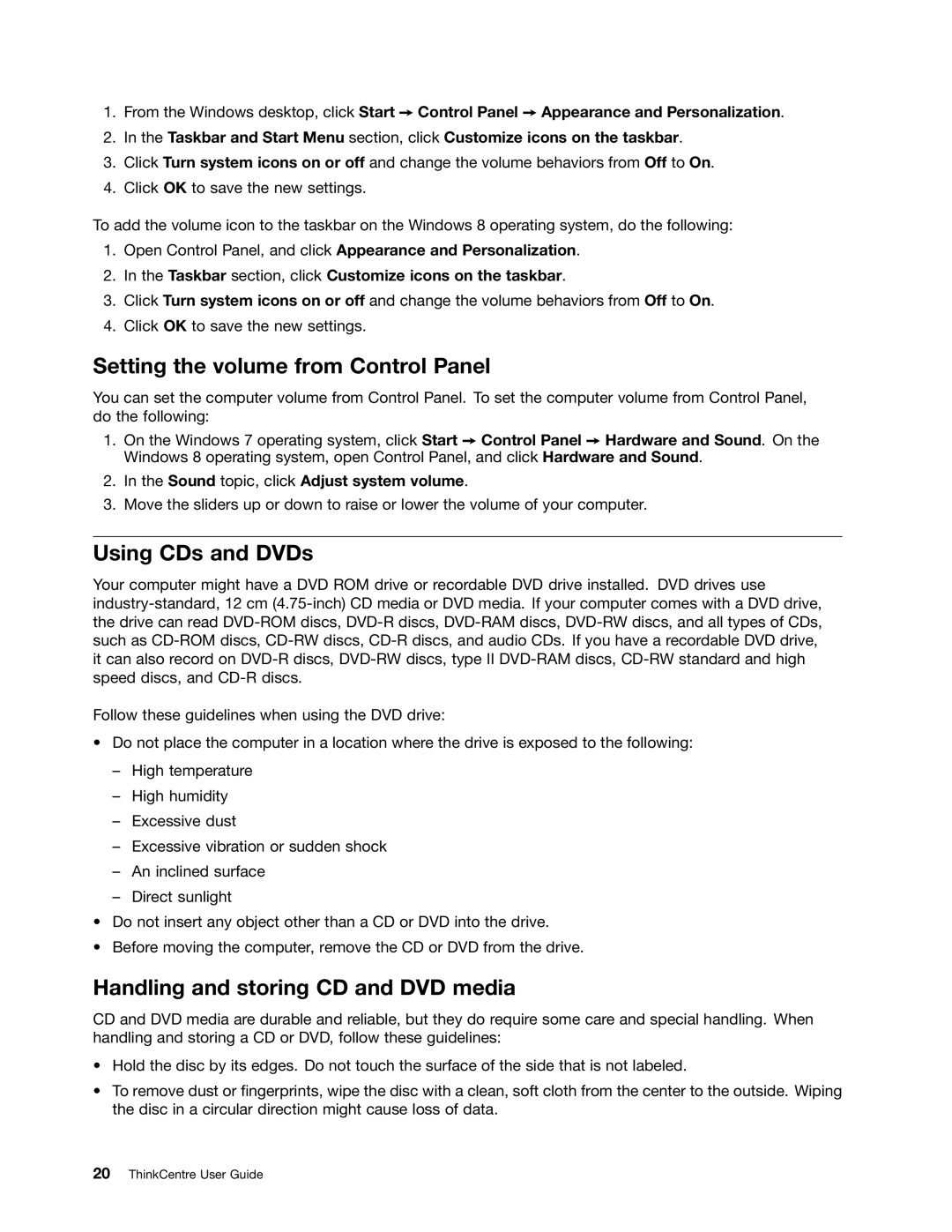 Lenovo 2996, 2988, 2992E5U Setting the volume from Control Panel, Using CDs and DVDs, Handling and storing CD and DVD media 