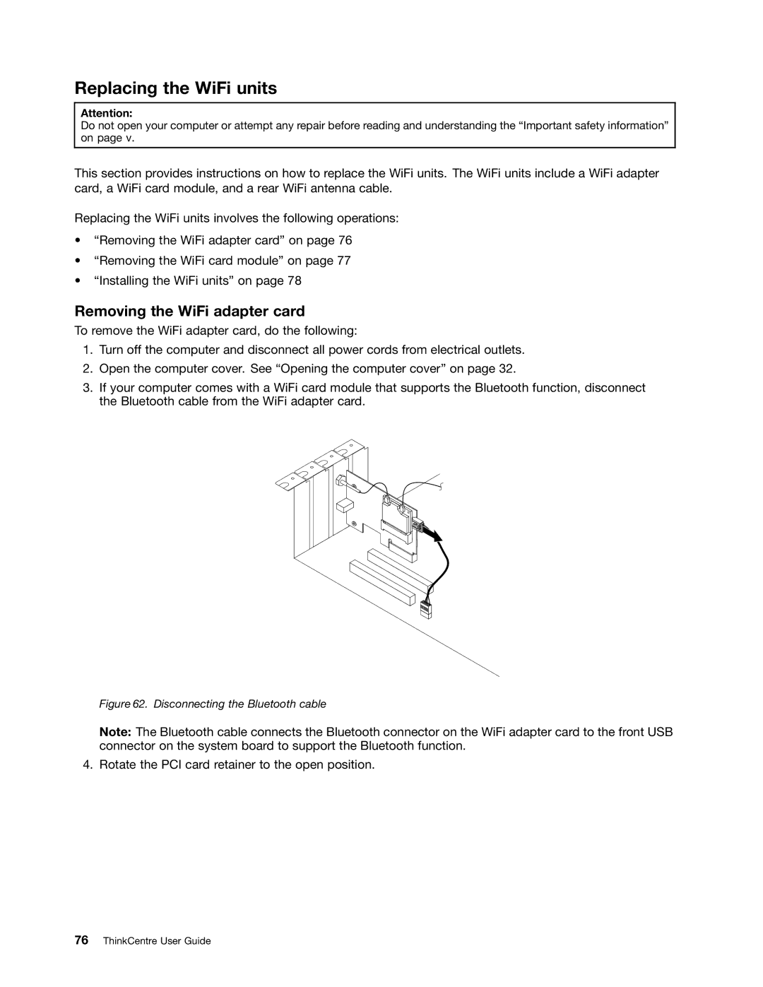 Lenovo 2996, 2988, 2992E5U, 2982, 2993, 3393, 3395, 3306, 3224, 3202, 3187 Replacing the WiFi units, Removing the WiFi adapter card 