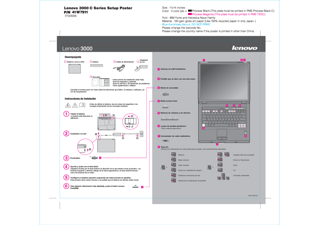 Lenovo manual Lenovo 3000 C Series Setup Poster P/N 41W7911, 7/13/2006, Size 11x14 inches, Please change the barcode No 
