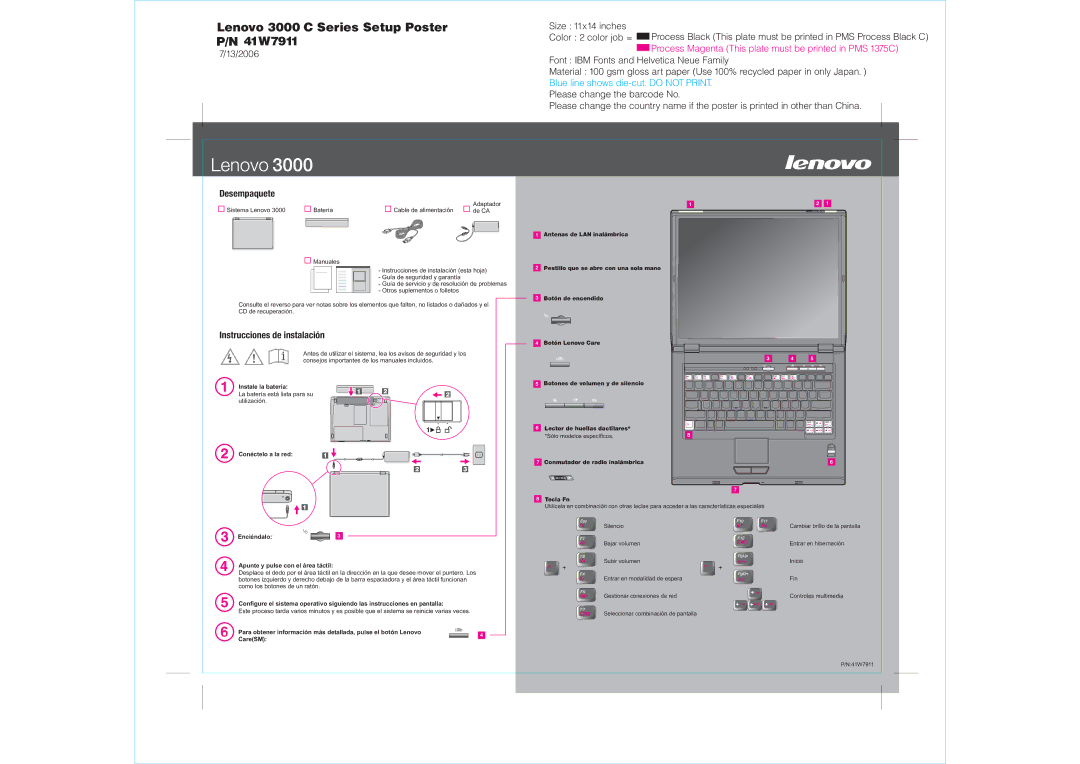 Lenovo manual Lenovo 3000 C Series Setup Poster P/N 41W7911, Desempaquete, Instrucciones de instalación 