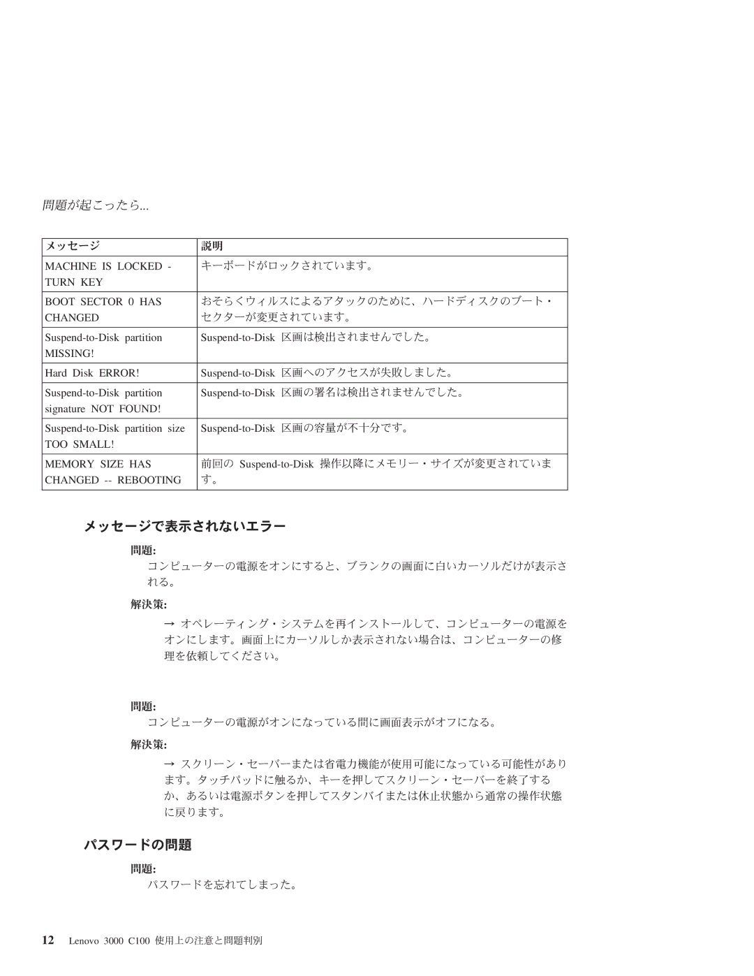 Lenovo 3000 C100 manual メッセージで表示されないエラー, パスワードの問題, Suspend-to-Disk partition Suspend-to-Disk 区画は検出されませんでした。 