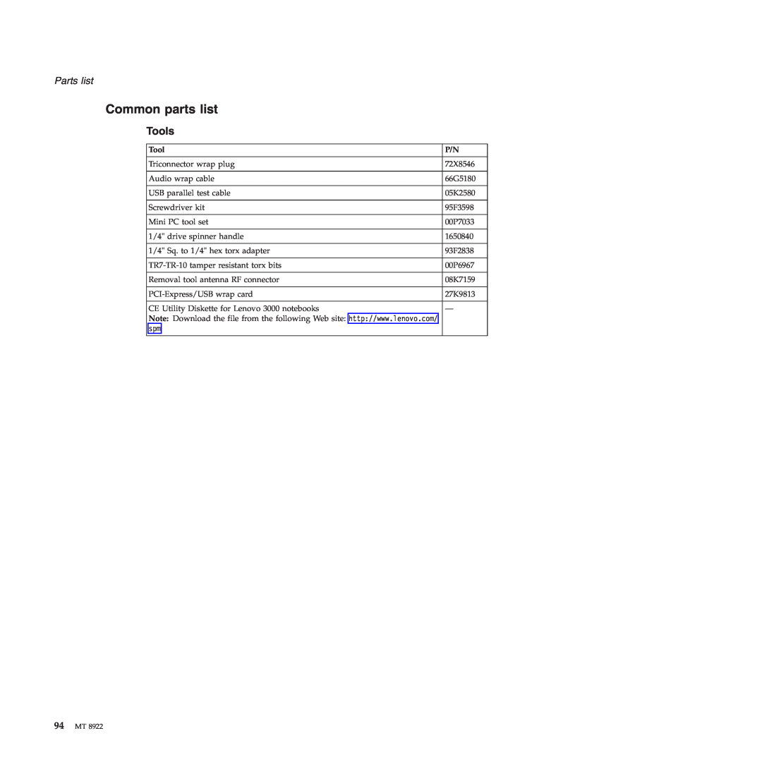Lenovo 3000 C200 manual Common parts list, Tools, Parts list 