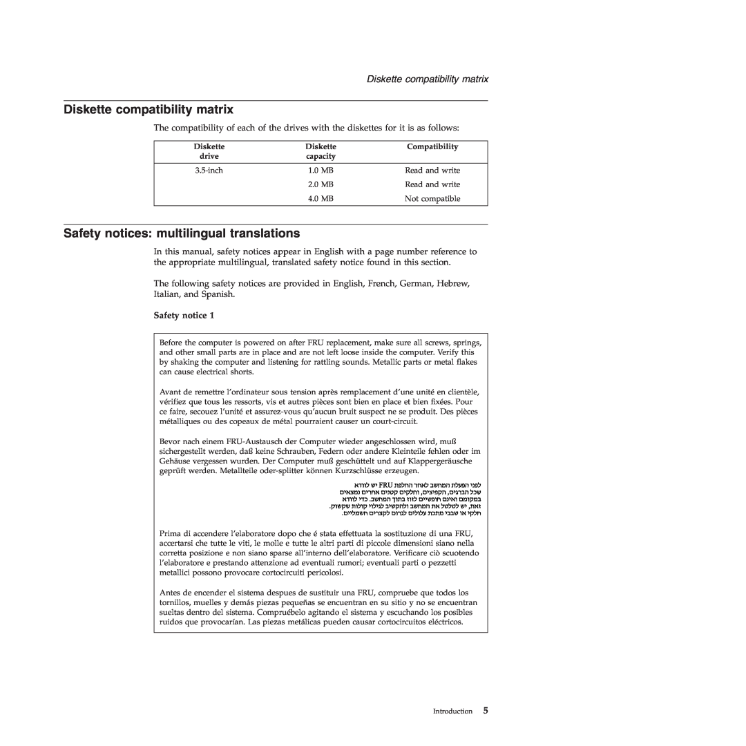 Lenovo 3000 C200 manual Diskette compatibility matrix, Safety notices: multilingual translations 