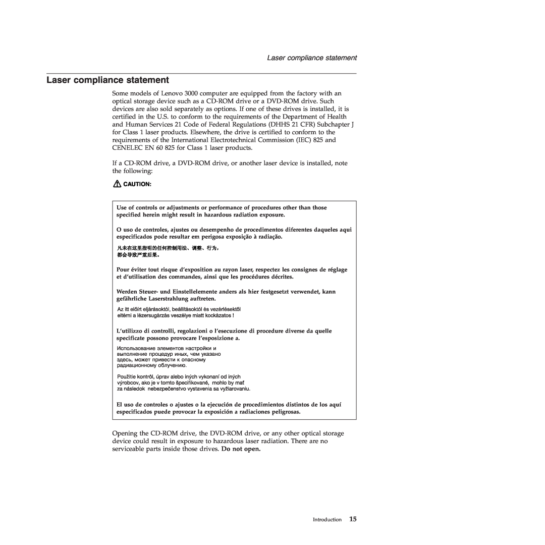Lenovo 3000 C200 manual Laser compliance statement 