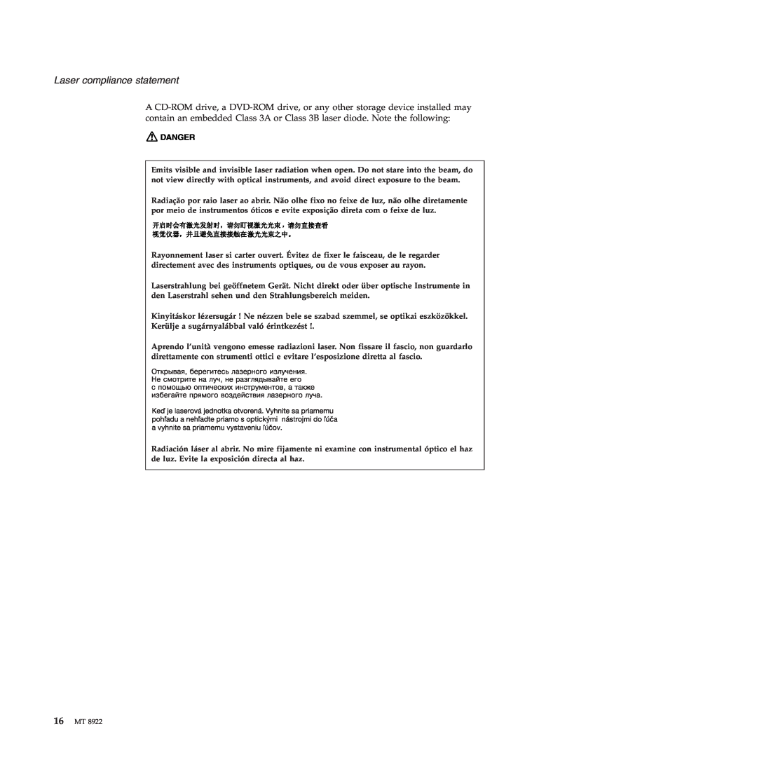 Lenovo 3000 C200 manual Laser compliance statement, Danger, 16MT 