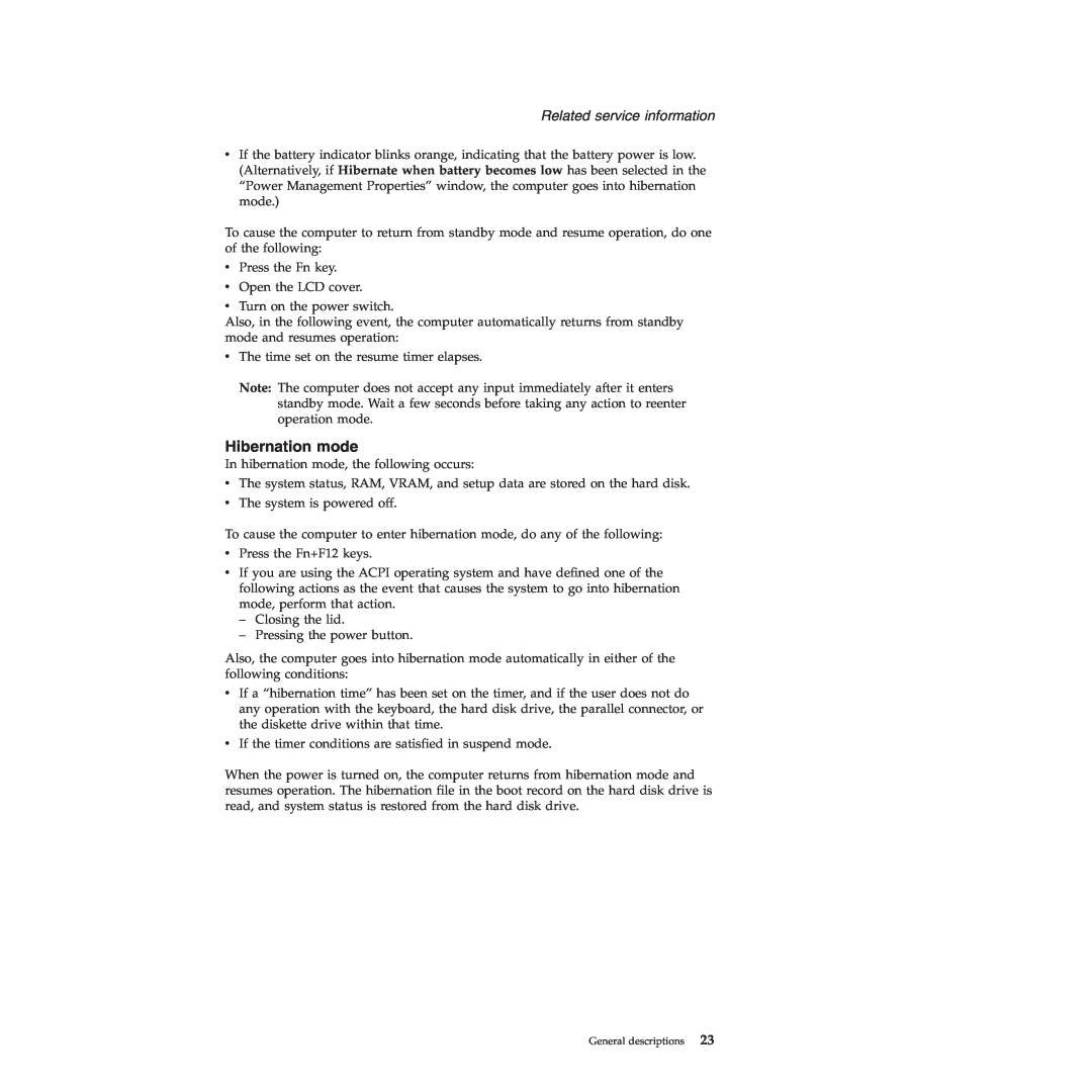 Lenovo 3000 C200 manual Hibernation mode, Related service information 