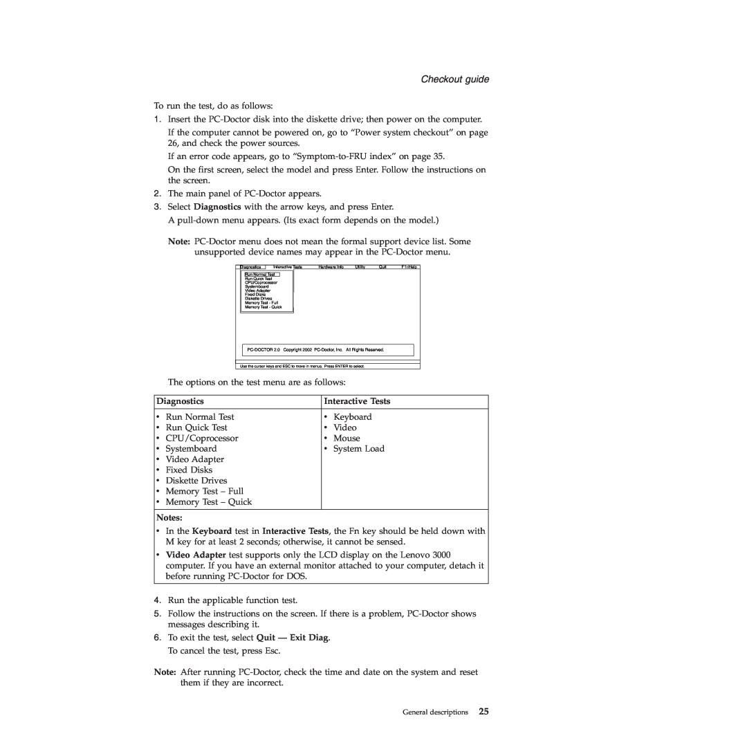 Lenovo 3000 C200 manual Diagnostics, Interactive Tests, Checkout guide, Notes 