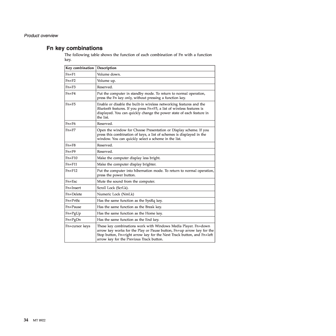 Lenovo 3000 C200 manual Fn key combinations, Product overview, Key combination, Description 
