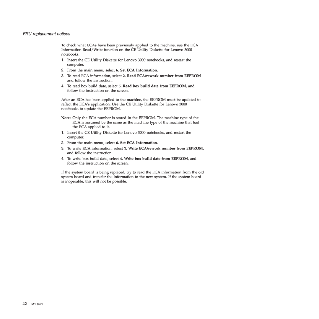 Lenovo 3000 C200 manual FRU replacement notices, 42MT 